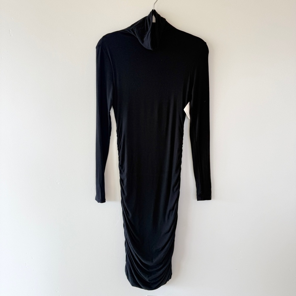 NWT Halogen Black Long Sleeve Ruched Midi Dress Womens XS Mock Neck Bodycon - Picture 2 of 8